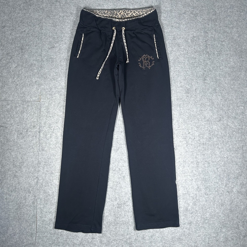 Vintage Roberto Cavalli Sweatpants Womens XL Navy Y2K Leopard Trim Rhinestone